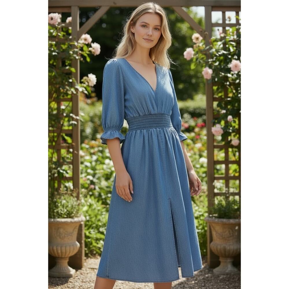 Boutique Chambray Denim Peasant Midi Dress XL Ruffle Sleeve Split Hem V Neck
